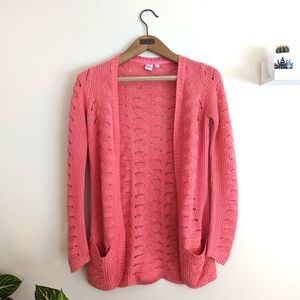 Knitted crochet cardigan, long sleeves with pockets, coral pink, women's xs